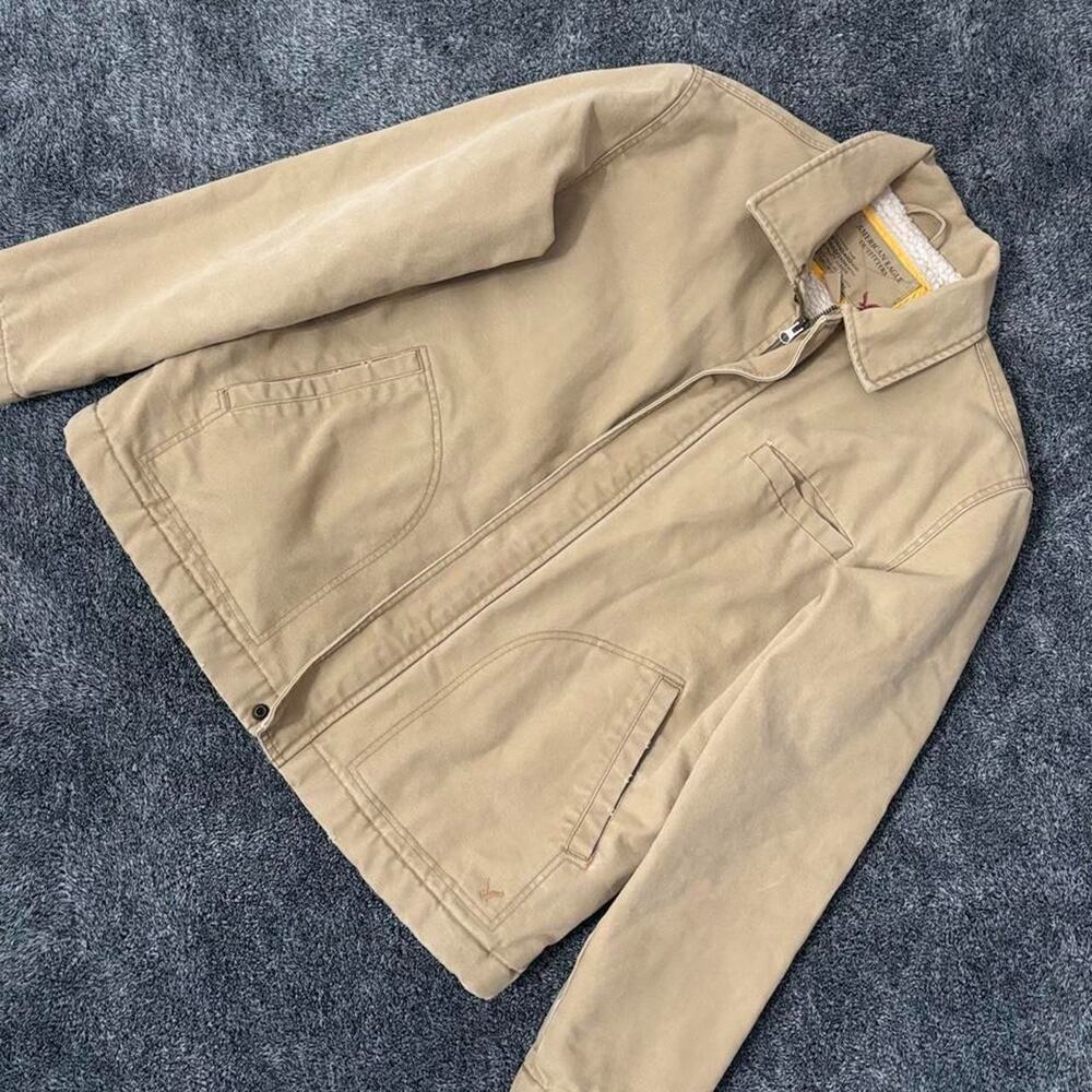 Vintage American Eagle Sherpa Lined Canvas Jacket Mens Size Large Brown EUC